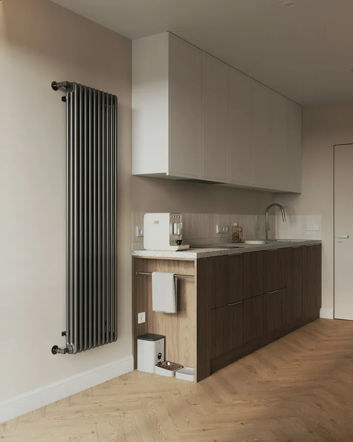 Modern vertical column radiator installed in a home