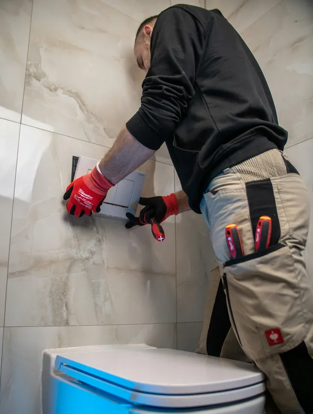 Engineer working on a toilet in a tiled bathroom